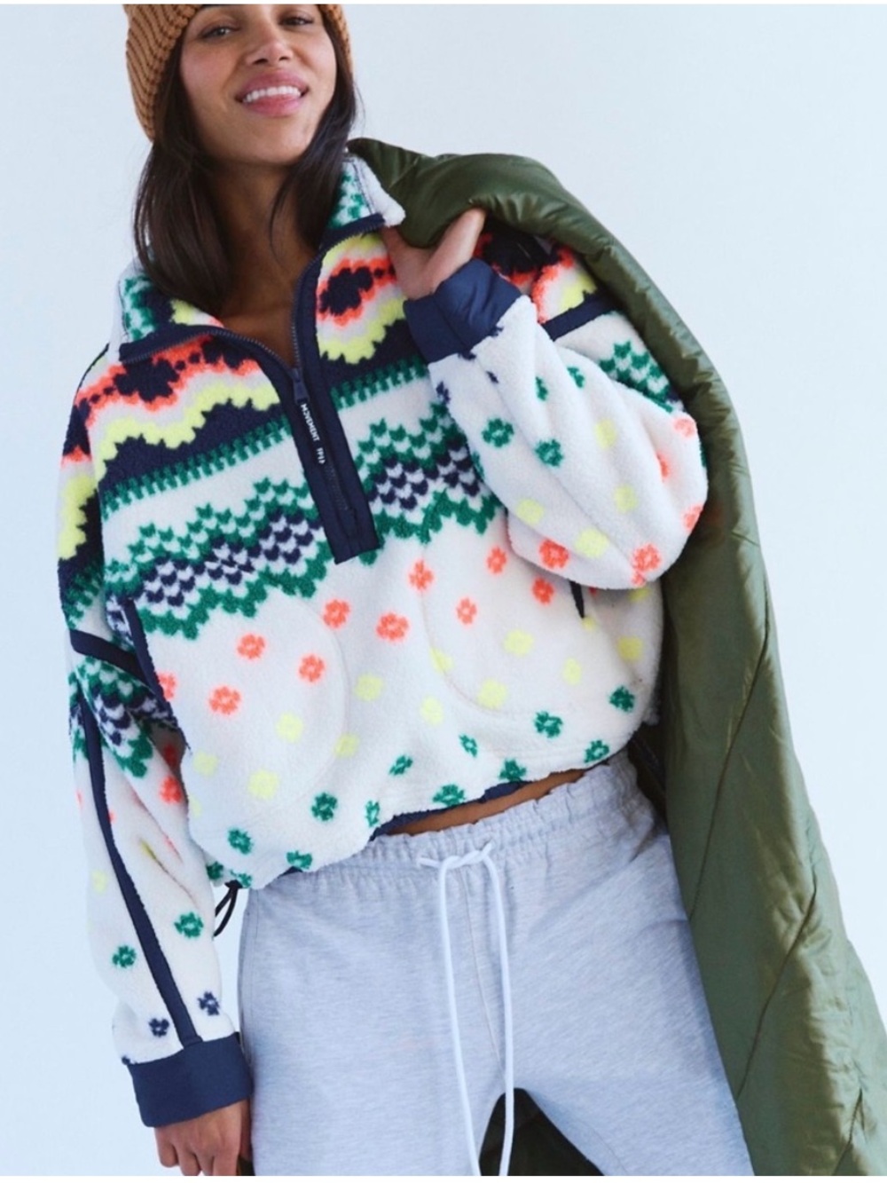 NWOT FREE PEOPLE ($190) FP MOVEMENT Mountain High Half-Zip Fleece-Isle Knit Ivor